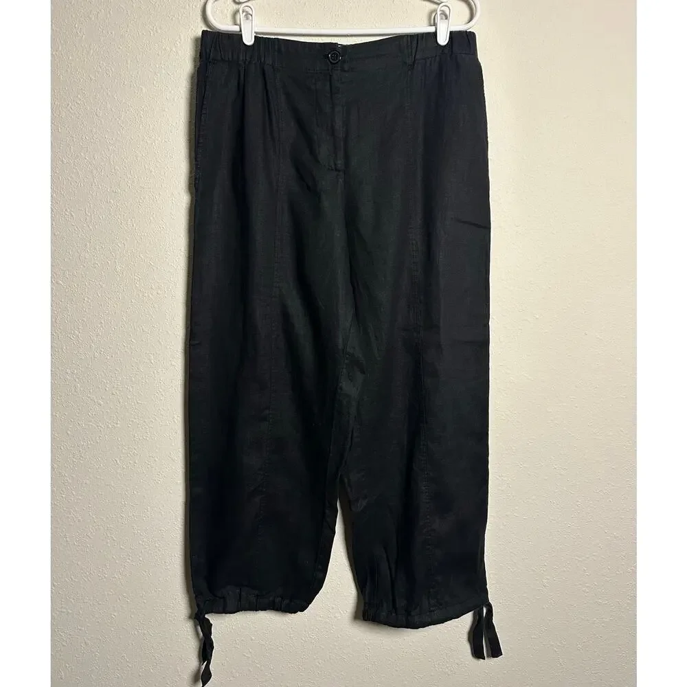 Zara 100% Linen Black high rise cropped pants with ties size large